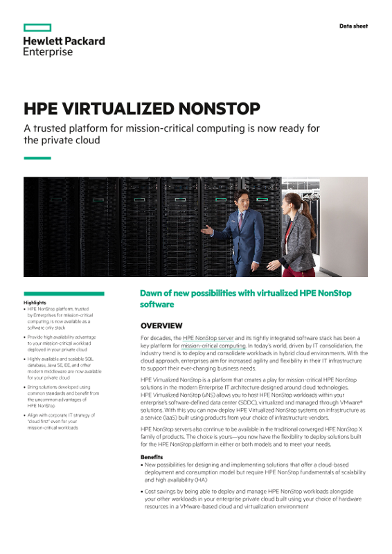 HPE Virtualized NonStop – A trusted platform for mission-critical computing is now ready for the private cloud data sheet thumbnail