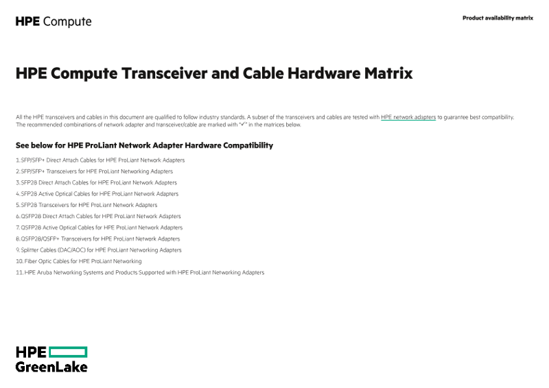 HPE Compute transceiver and cable hardware matrix product availability matrix thumbnail