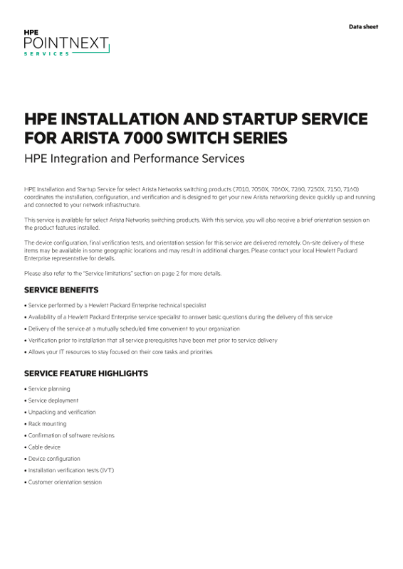 HPE Installation and Startup Service for Arista 7000 Switch Series data sheet thumbnail
