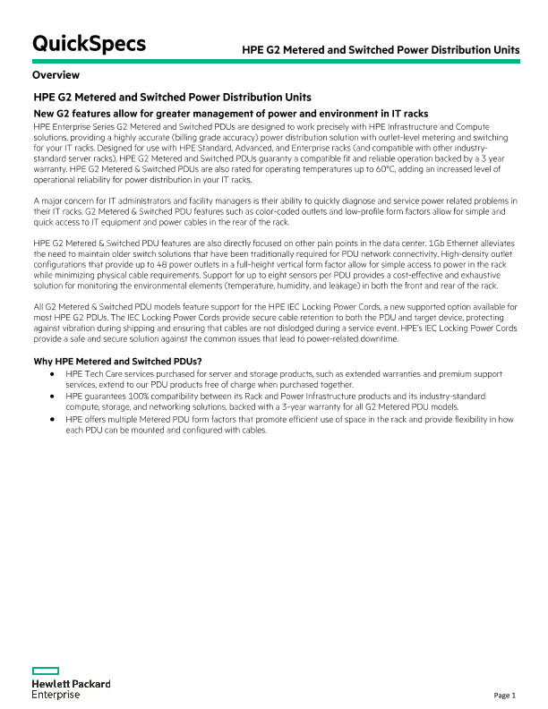 HPE G2 Metered and Switched Power Distribution Units thumbnail