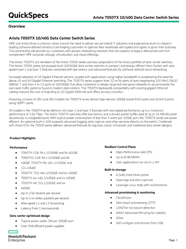 Arista 7050TX 10/40G Data Center Switch Series thumbnail
