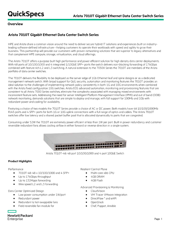 Arista 7010T Gigabit Ethernet Data Center Switch Series thumbnail