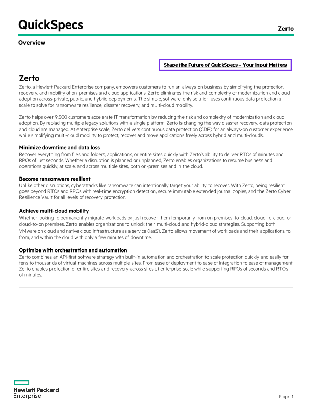 HPE Zerto Software QuickSpecs thumbnail