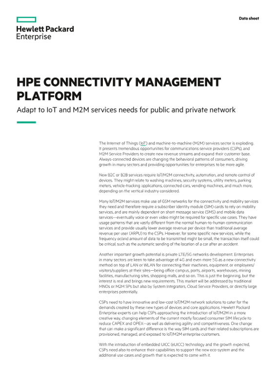 HPE Connectivity Management Platform – adapt to IoT and M2M services needs for public and private network data sheet thumbnail