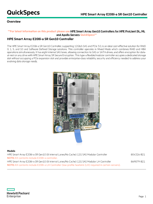 HPE Smart Array E208i-a SR Gen10 Controller thumbnail
