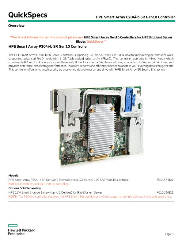 HPE Smart Array P204i-b SR Gen10 Controller thumbnail