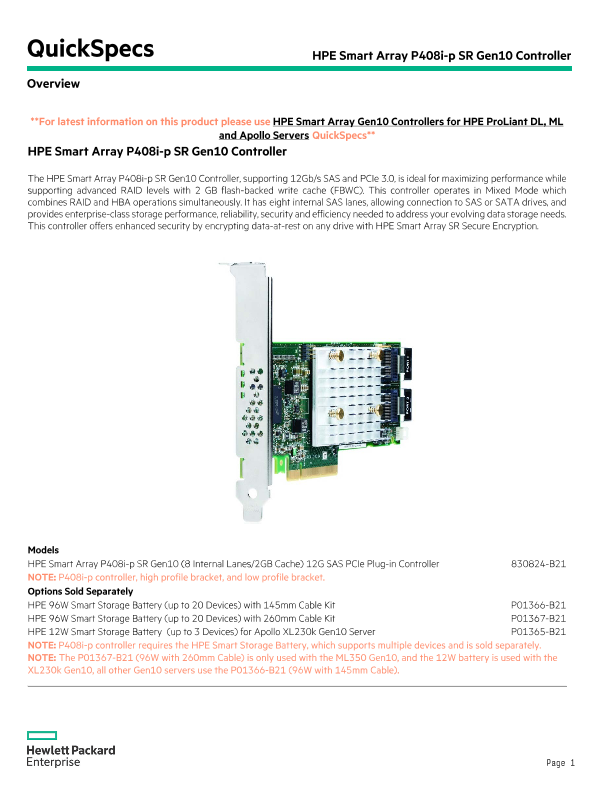 HPE Smart Array P408i-p SR Gen10 Controller HPE Smart Array P408i-p SR Gen10 Controller