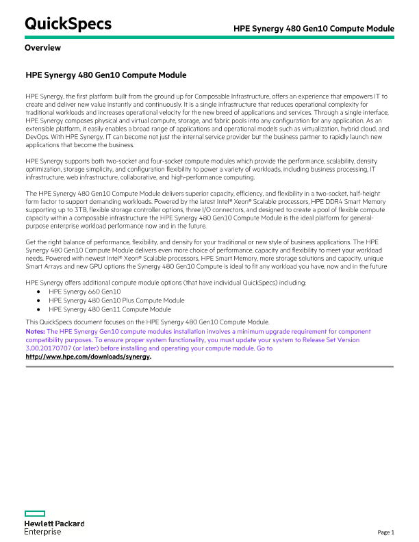 HPE Synergy 480 Gen10 Compute Module QuickSpecs thumbnail
