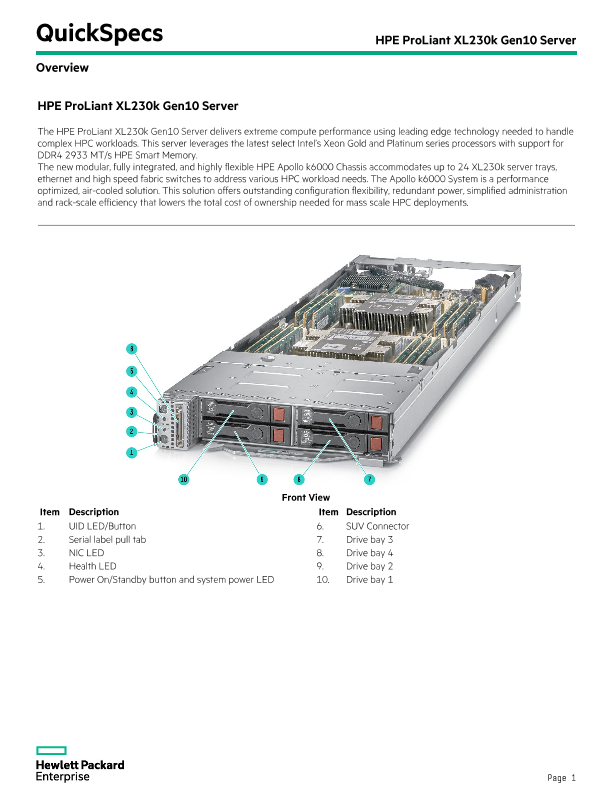 HPE ProLiant XL230k Gen10 Server QuickSpecs thumbnail