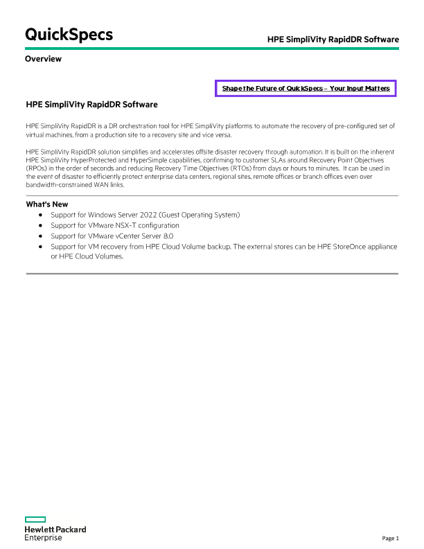 HPE SimpliVity RapidDR Software QuickSpecs thumbnail