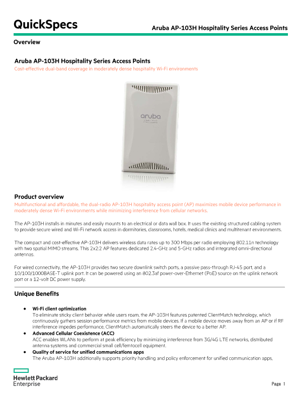 Aruba AP-103H Hospitality Series Access Points thumbnail