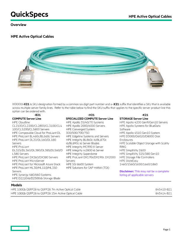 HPE Active Optical Cables QuickSpecs thumbnail
