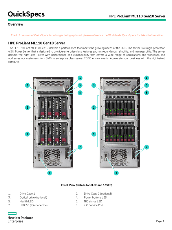 HPE ProLiant ML110 Gen10 Server – North America version thumbnail