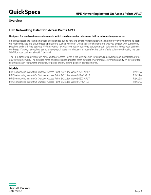 HPE Networking Instant On Access Points AP17 QuickSpecs thumbnail