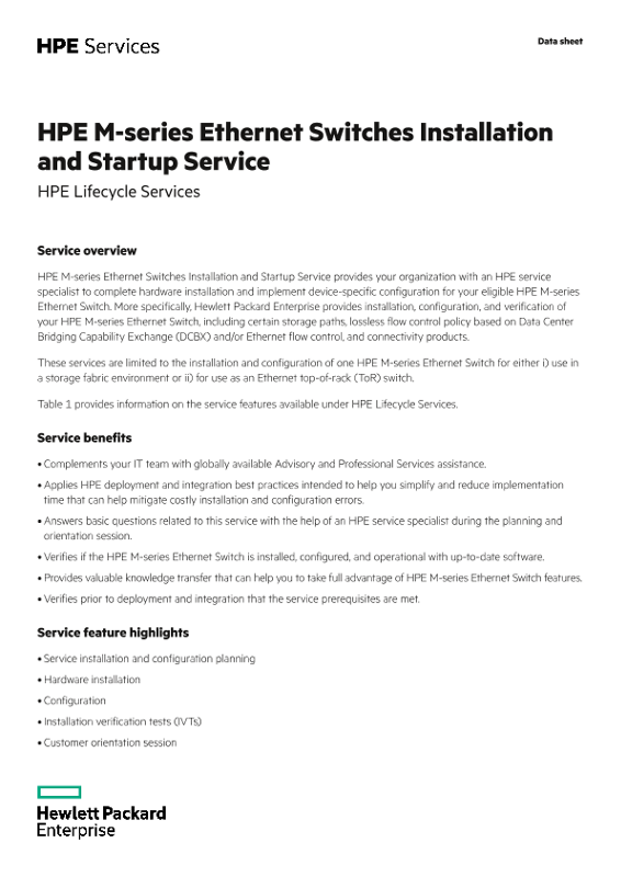 HPE M-series Ethernet Switches Installation and Startup Service data sheet thumbnail