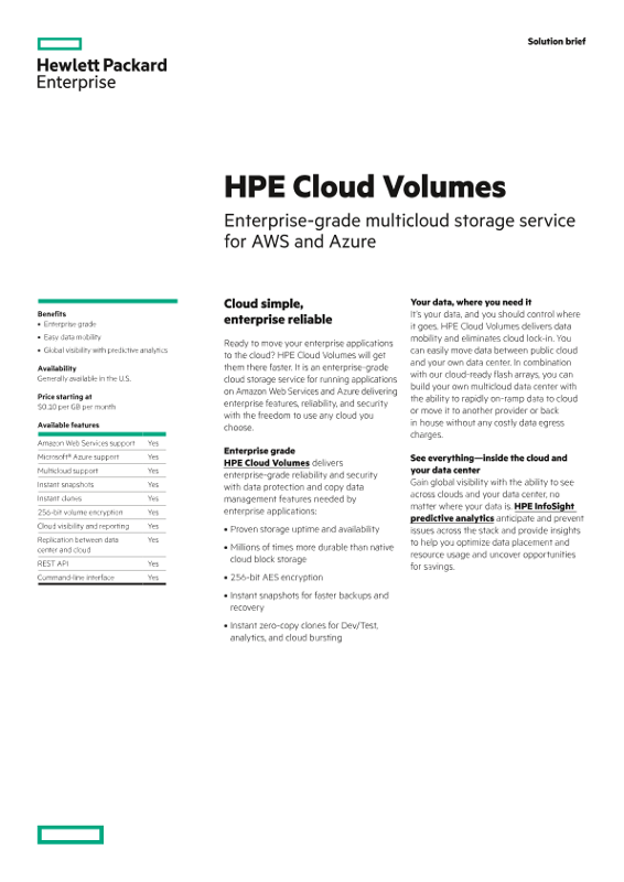 HPE Cloud Volumes: Enterprise-grade multicloud storage service for AWS and Azure solution brief thumbnail