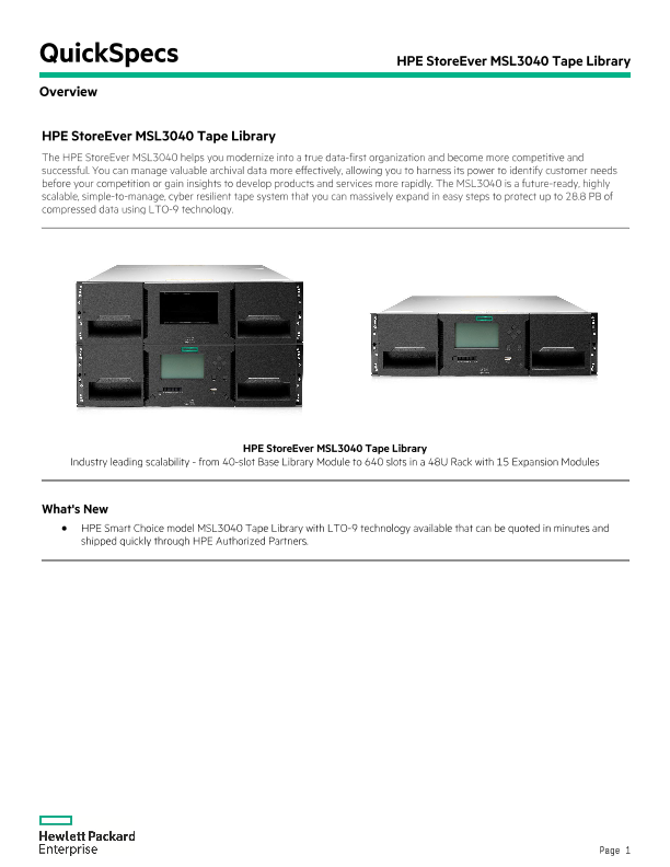 HPE Storage MSL3040 Tape Library QuickSpecs thumbnail