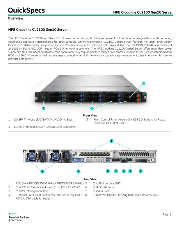 HPE Cloudline CL2100 Gen10 Server thumbnail