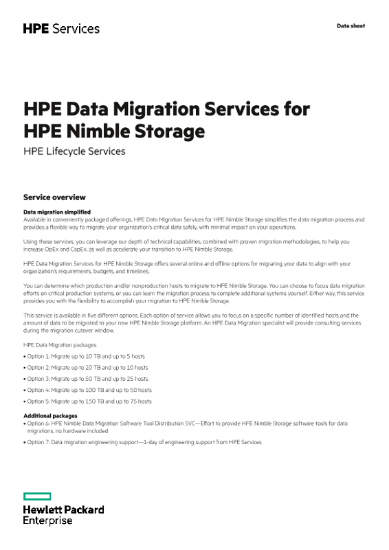 HPE Data Migration Services for HPE Nimble Storage data sheet thumbnail