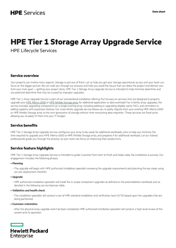 HPE Tier 1 Storage Array Upgrade Services data sheet thumbnail