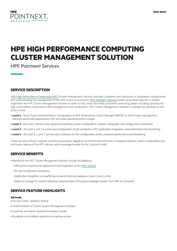 HPE High Performance Computing Cluster Management Solution data sheet thumbnail