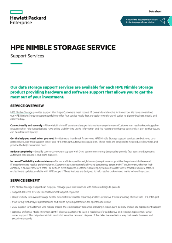 HPE Nimble Storage Service data sheet thumbnail