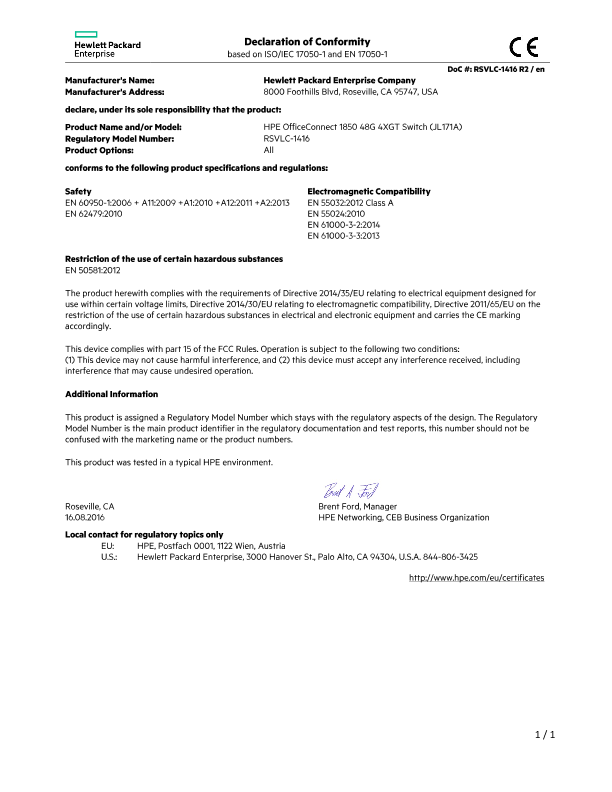 HPE OfficeConnect 1850 48G 4XGT Switch #EUDoC RSVLC-1416 thumbnail