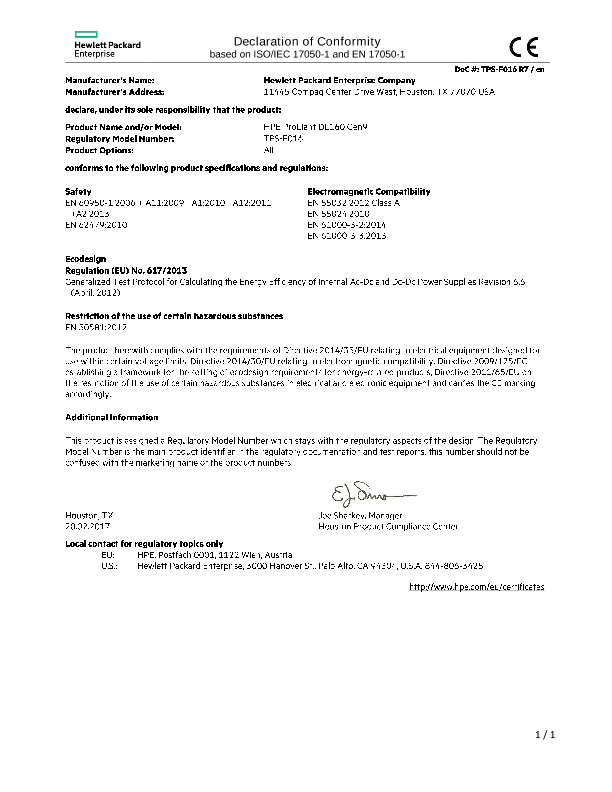 HPE ProLiant DL160 Gen9 Server #EUDoC TPS-F016