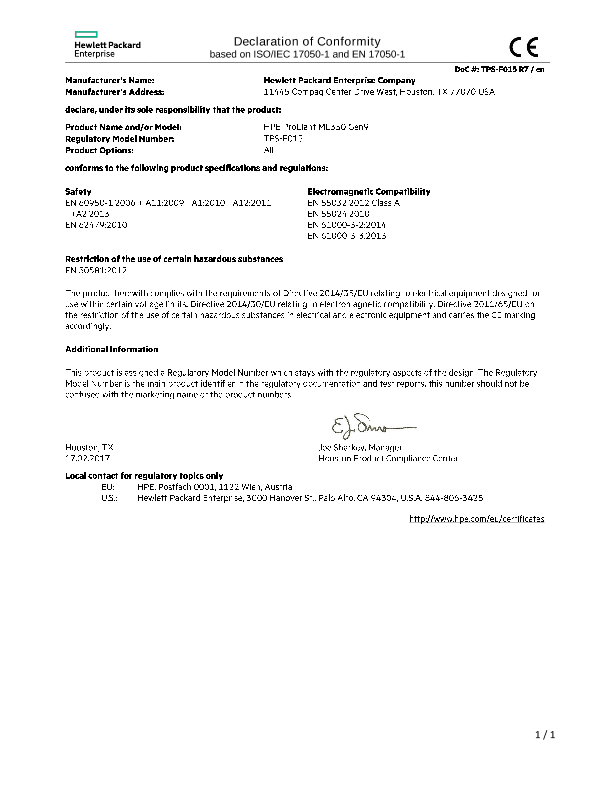 HPE ProLiant ML350 Gen9 Server #EUDoC TPS-F015 thumbnail
