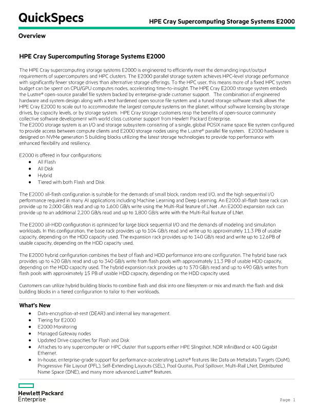 HPE Cray Supercomputing Storage Systems E2000 QuickSpecs thumbnail
