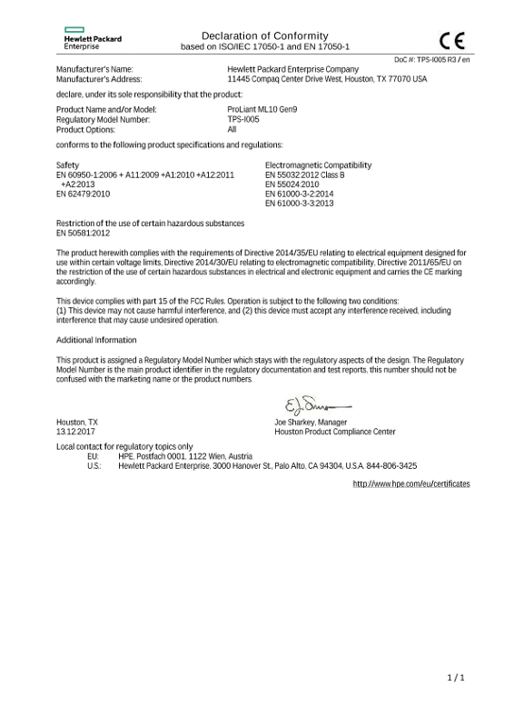 HPE ProLiant ML10 Gen9 Server #EUDoC TPS-I005 thumbnail
