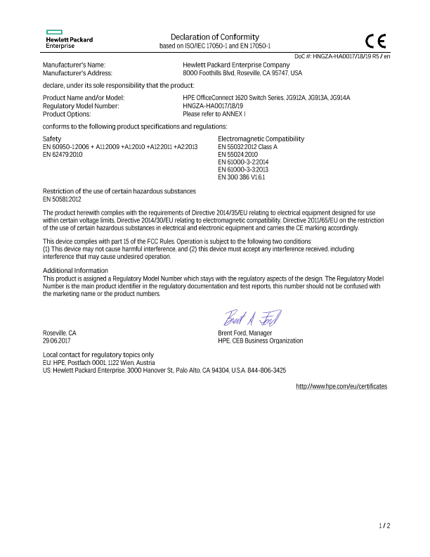 HPE OfficeConnect 1620 Switch Series #EUDoC HNGZA-HA0017/18/19 thumbnail