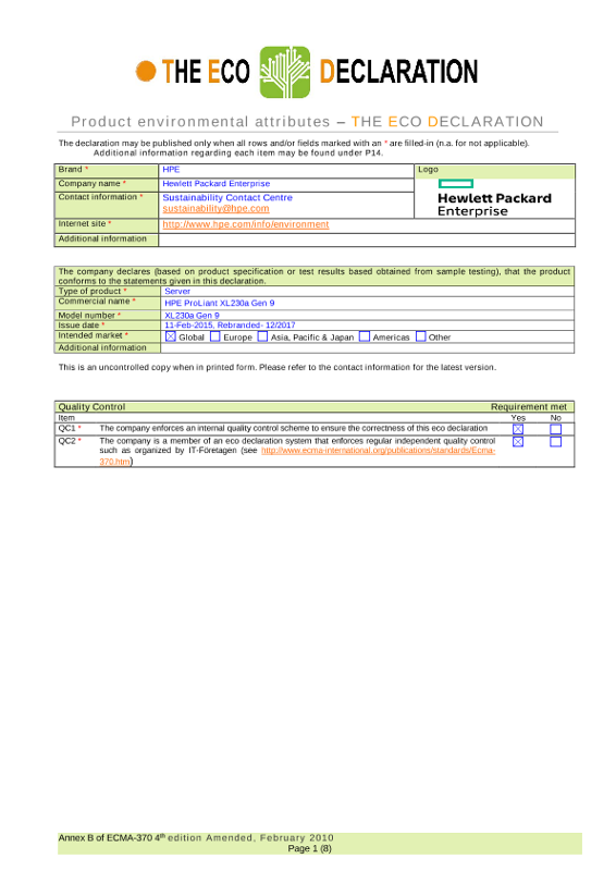 IT Eco Declaration Servers, HPE ProLiant XL230a Gen 9 thumbnail
