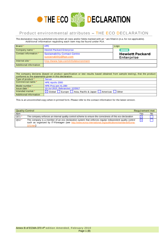 IT Eco Declaration Servers, HPE ProLiant XL190r thumbnail