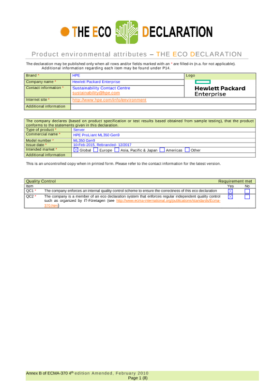 IT Eco Declaration Servers, HPE ProLiant ML350 Gen9 thumbnail