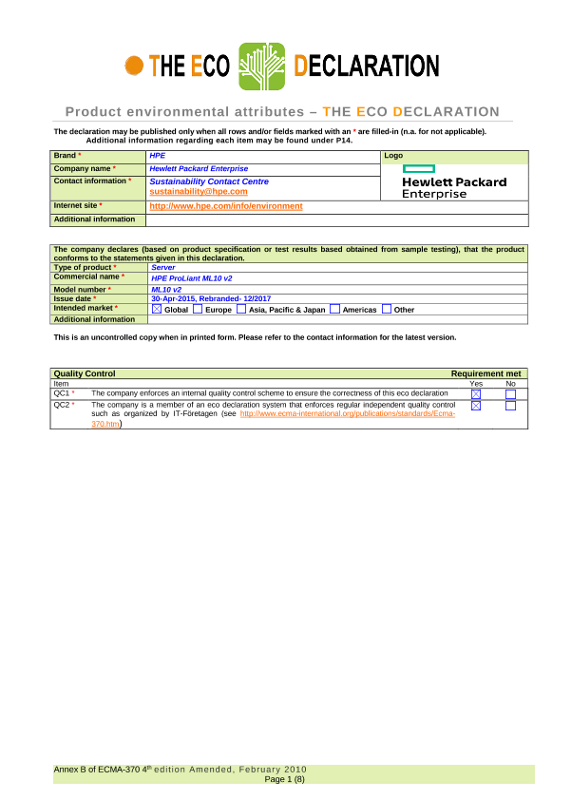 IT Eco Declaration Servers, HPE ProLiant ML10 V2 thumbnail