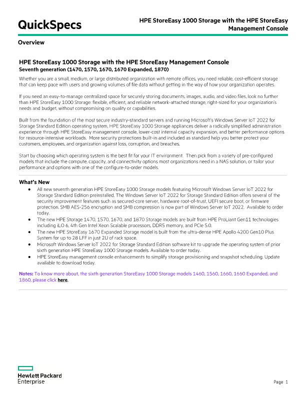HPE StoreEasy 1000 Storage with the HPE StoreEasy Management Console QuickSpecs thumbnail