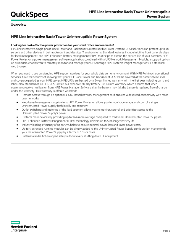 HPE Line Interactive Rack/Tower Uninterruptible Power System QuickSpecs thumbnail