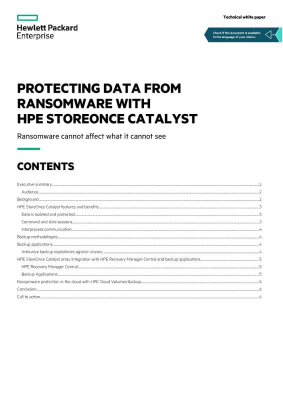 Protecting Data from Ransomware with HPE StoreOnce Catalyst technical white paper thumbnail