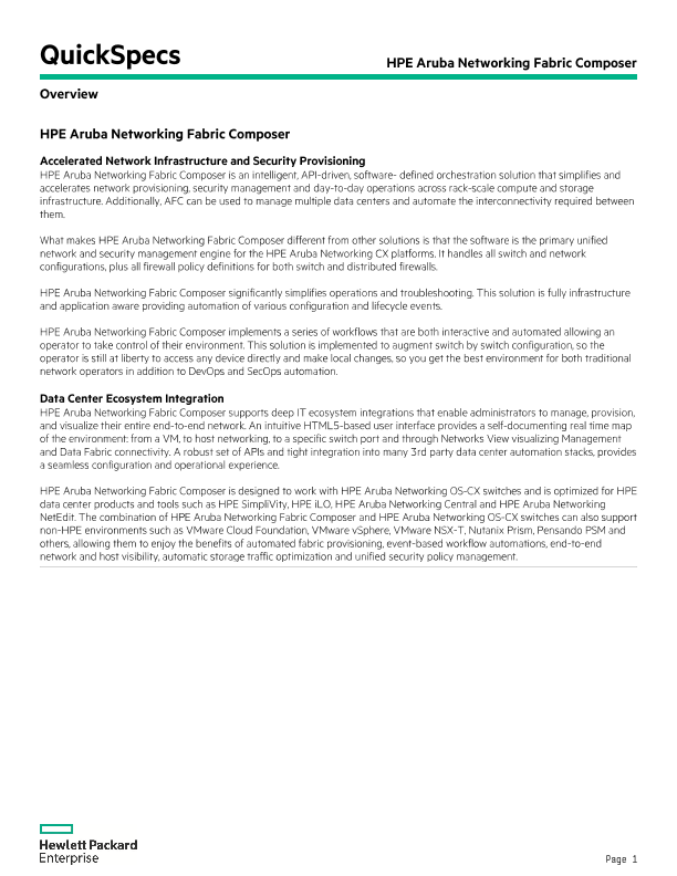 HPE Aruba Networking Fabric Composer QuickSpecs thumbnail