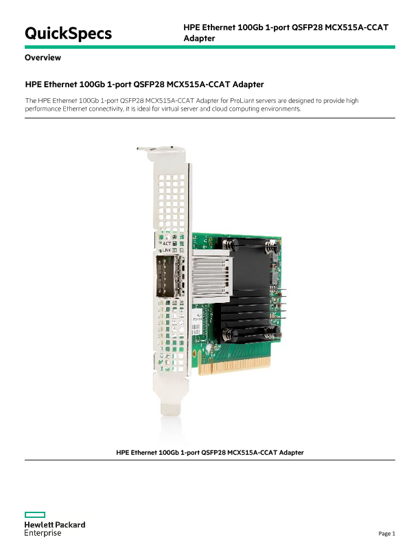 HPE Ethernet 100Gb 1-port 842QSFP28 Adapter thumbnail