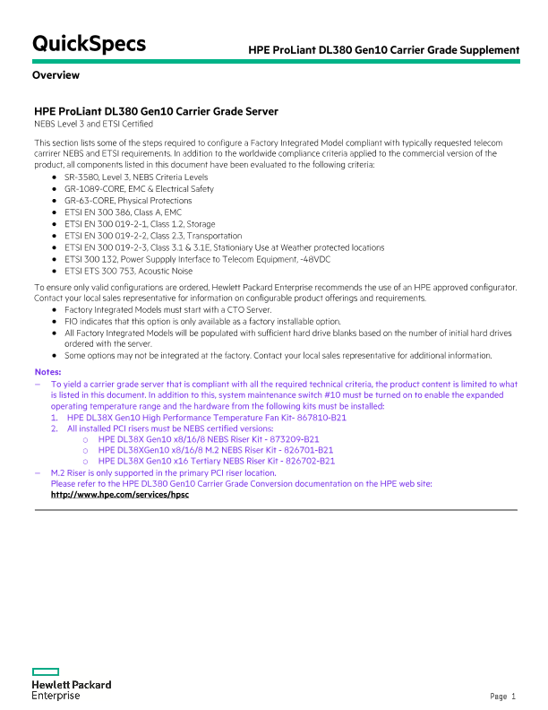 HPE ProLiant DL380 Gen10 Carrier Grade Server thumbnail