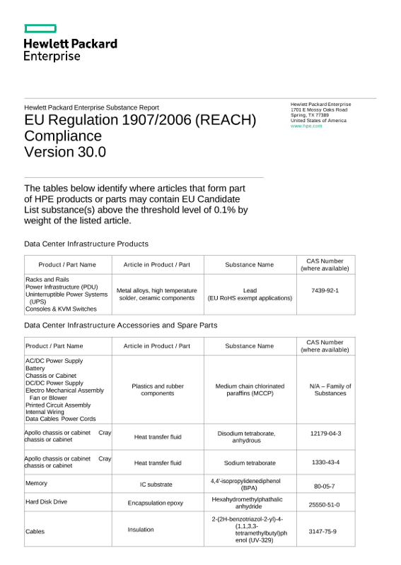EU Regulation 1907/2006 (REACH) Compliance (Data Center Inf)