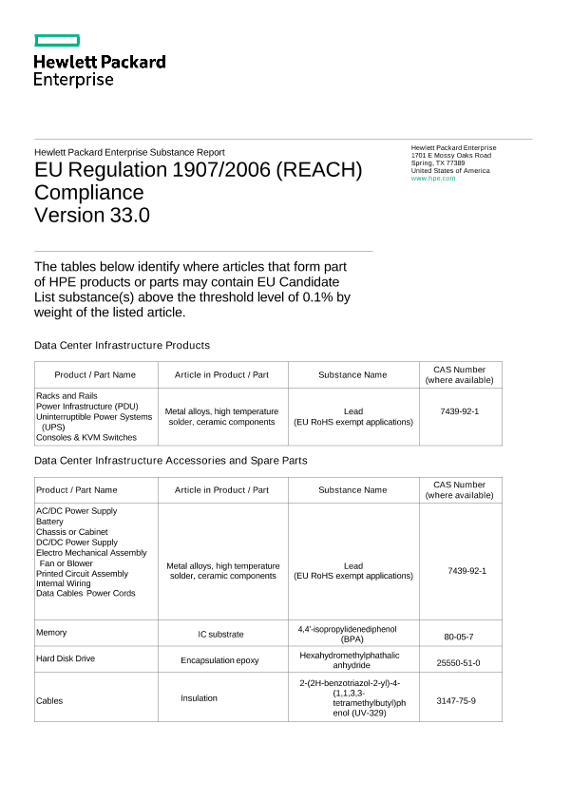 EU Regulation 1907/2006 (REACH) Compliance (Data Center Inf)