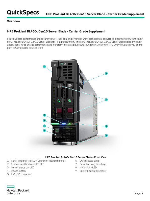 HPE ProLiant BL460c Gen10 Server Blade - Carrier Grade Supplement thumbnail