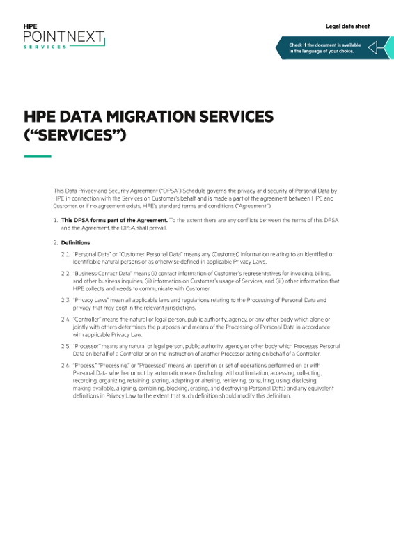 HPE Data Migration Services (“Services”) legal data sheet thumbnail