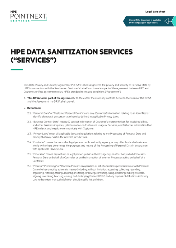HPE Data Sanitization Services (“Services”) legal data sheet thumbnail