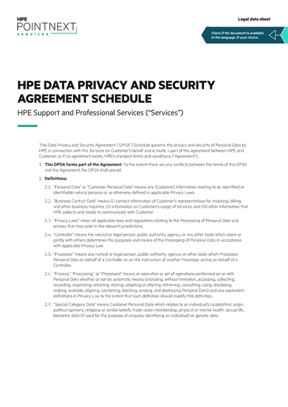 HPE Data Privacy and Security Agreement Schedule with HPE Support and Professional Services (“Services”) legal data sheet thumbnail
