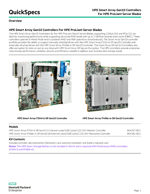 HPE Smart Array Gen10 Controllers For HPE ProLiant Server Blades thumbnail