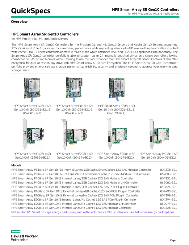 HPE Smart Array SR Gen10 Controllers for HPE ProLiant DL, ML and Apollo Servers thumbnail